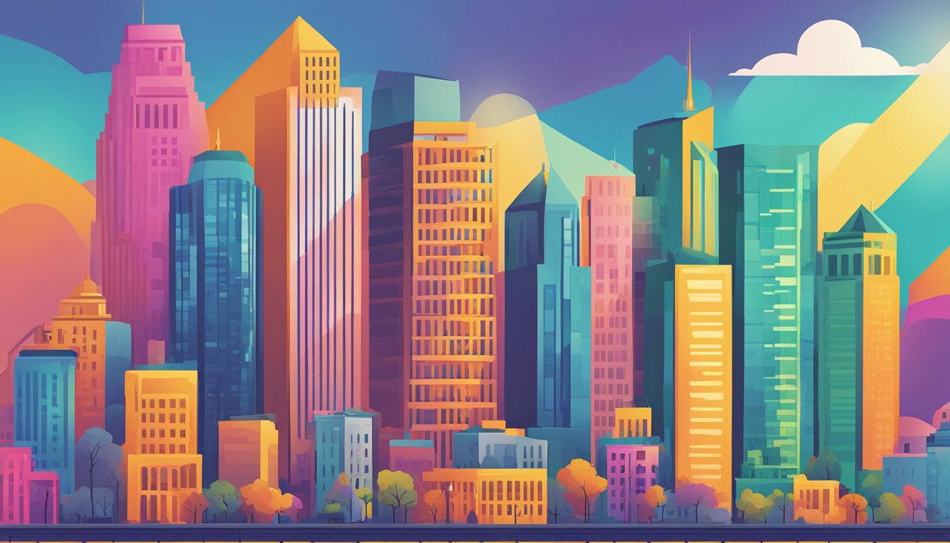 A vibrant city skyline with five prominent buildings, each representing a different alternative to Yext.</p><p>Bright colors and bold typography highlight their names