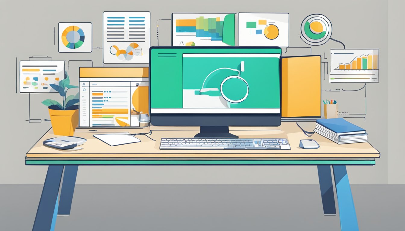 A desk with a computer displaying the 6 alternatives to Reputation.com.</p><p>Charts and graphs showing comparison data.</p><p>Brand logos and positive review icons