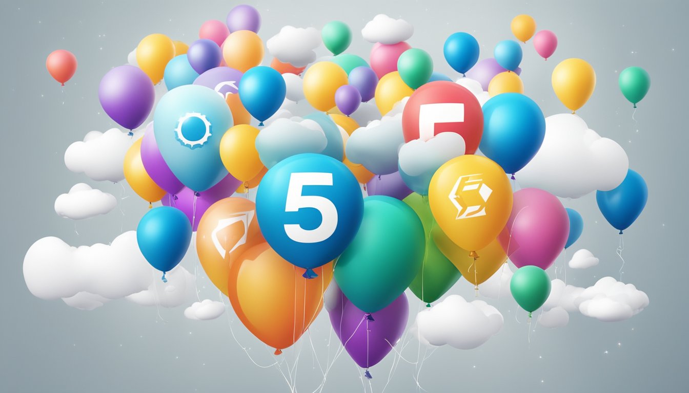 A group of five alternative software logos floating in the air, surrounded by helium balloons and clouds