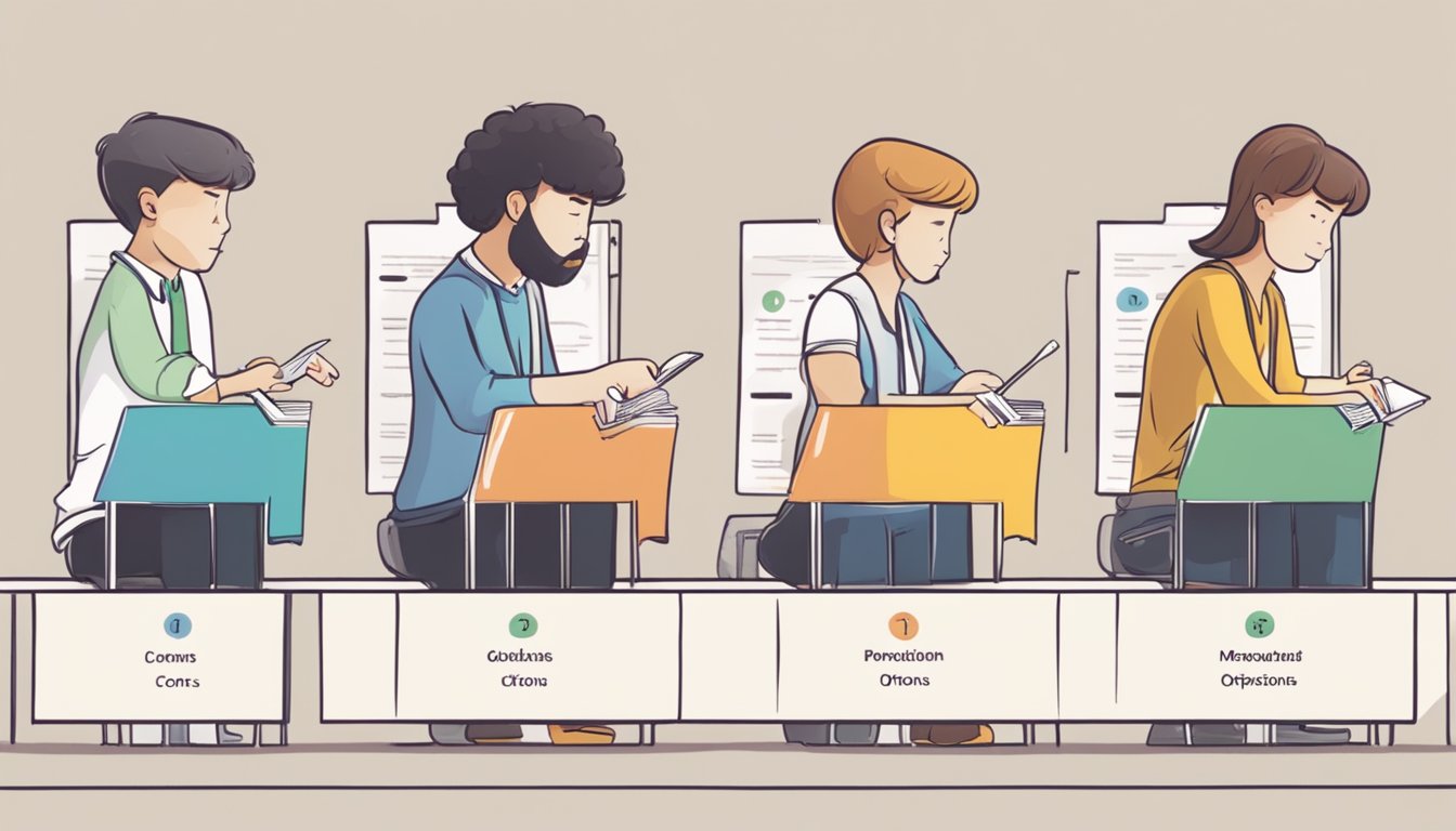 A table with 5 labeled options, each with pros and cons listed.</p><p>A person weighing the options with a thoughtful expression