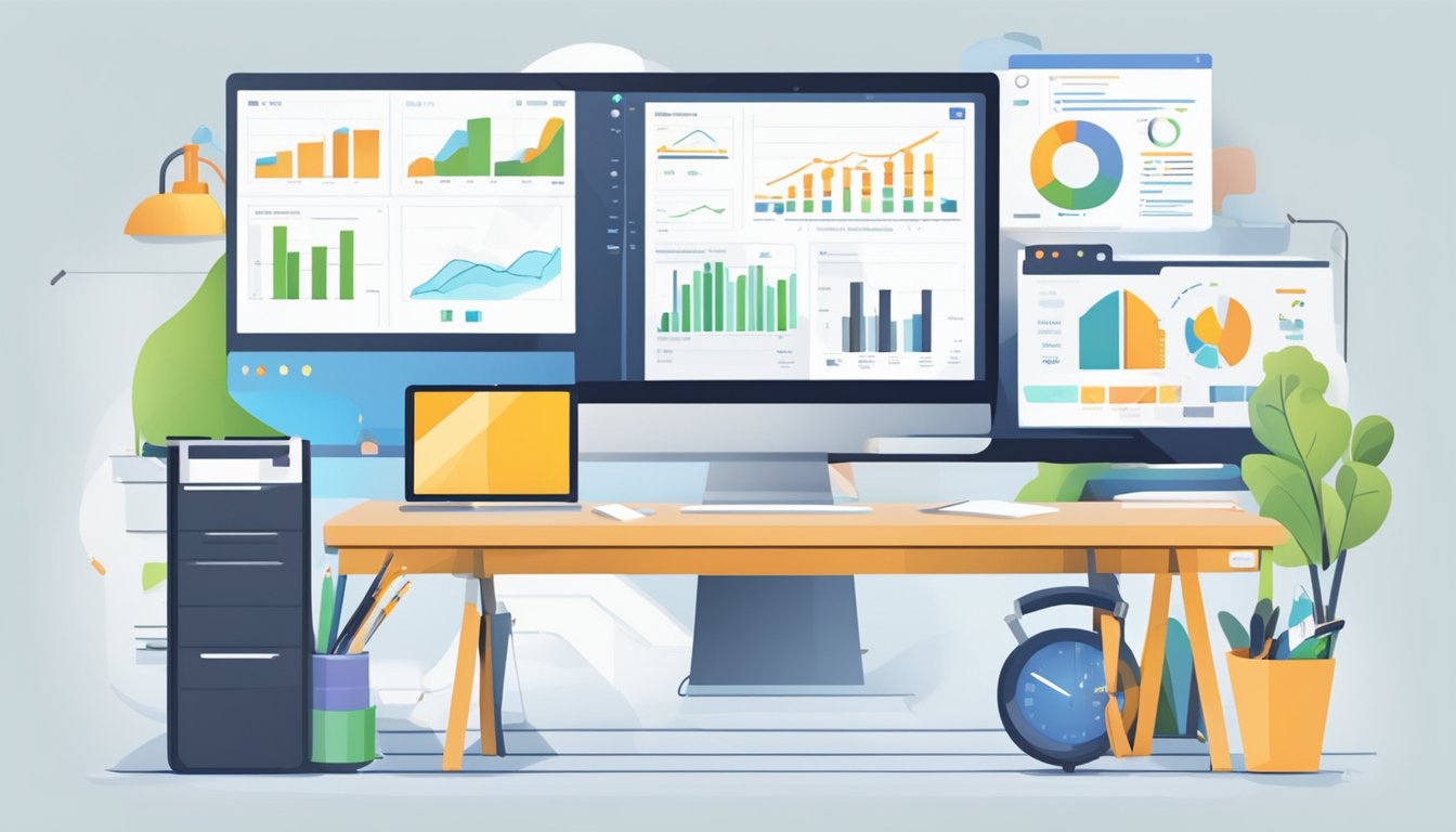 A desk with a computer, notebook, and various SEO tools displayed on the screen.</p><p>BrightLocal logo prominent.</p><p>Charts and graphs showing data analysis