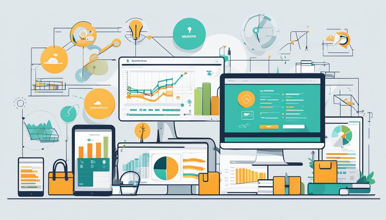 Various Amazon seller tools displayed with Sellics alternatives.</p><p>Charts, graphs, and data reports show benefits.</p><p>Illustration includes software logos and comparison visuals