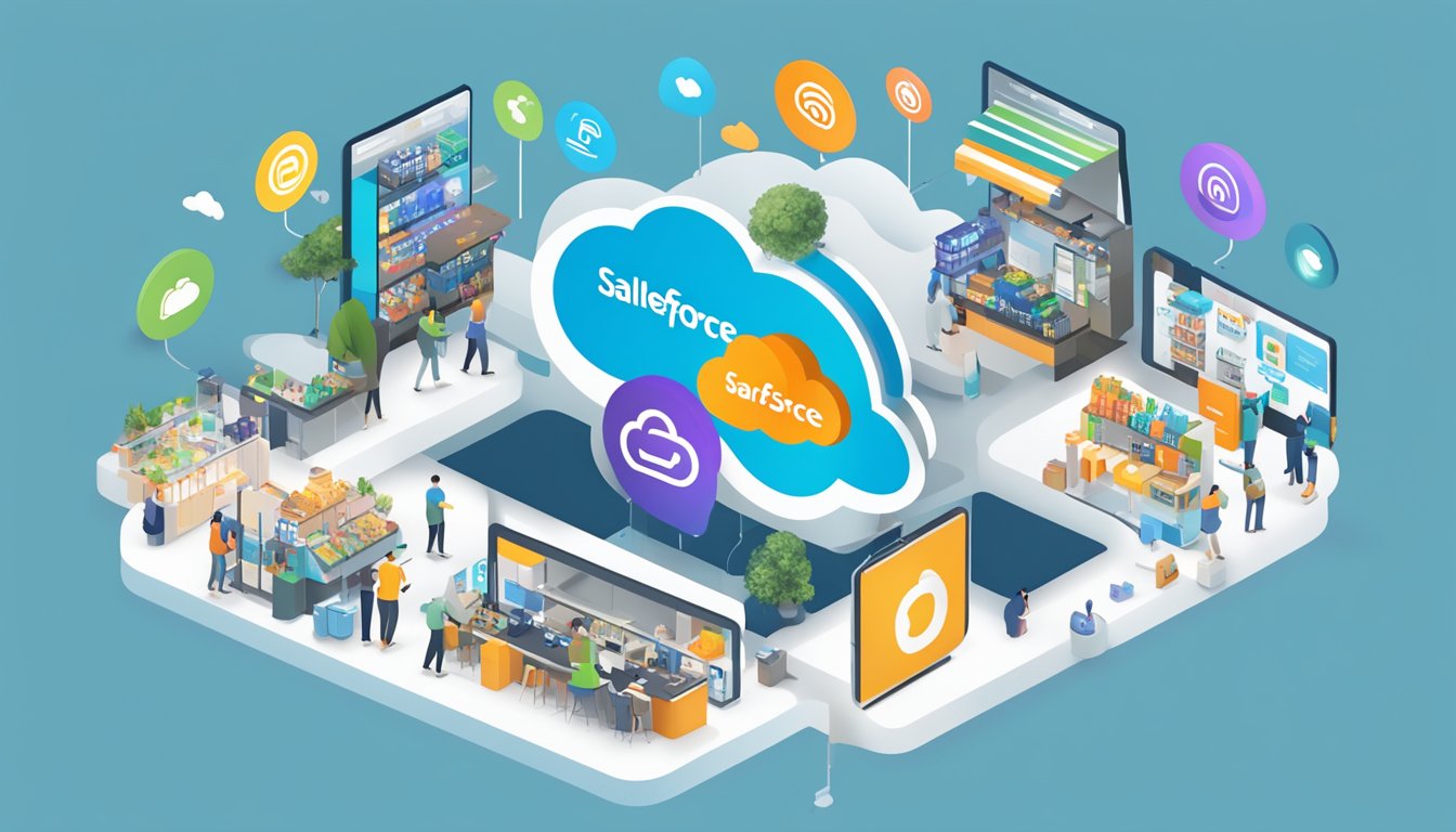 A bustling digital marketplace with various logos of alternative platforms surrounding the prominent Salesforce Commerce Cloud logo