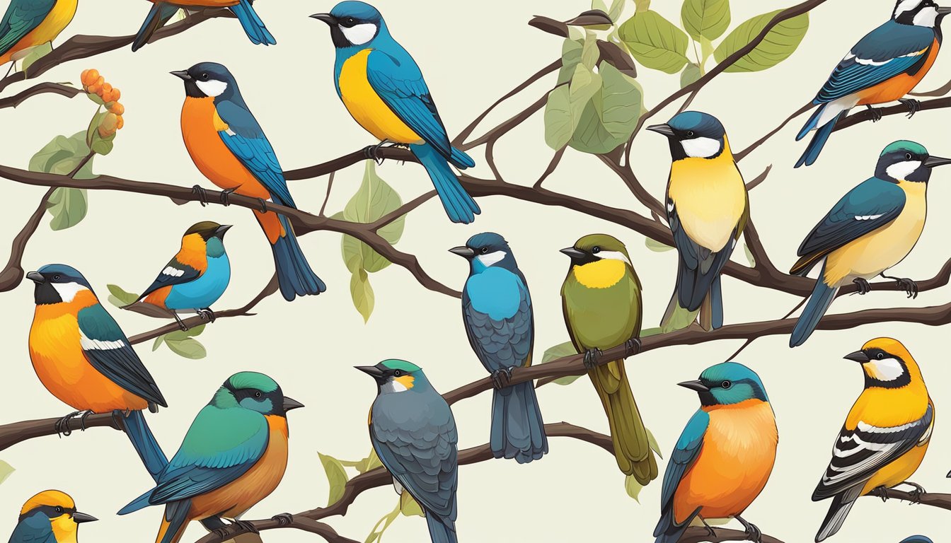 A group of colorful birds perched on branches, with a variety of alternative options displayed below them