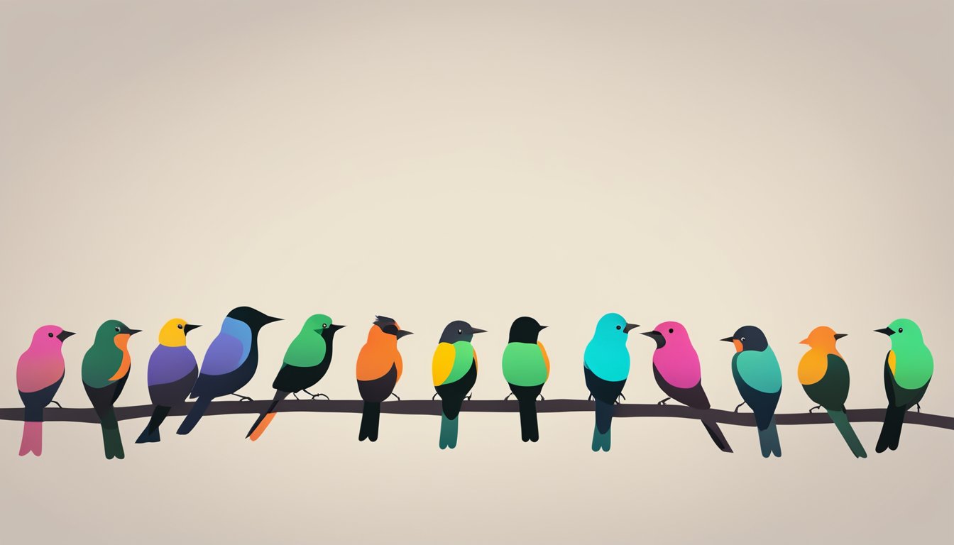 A lineup of colorful bird silhouettes perched on branches, with the Trustpilot logo in the background