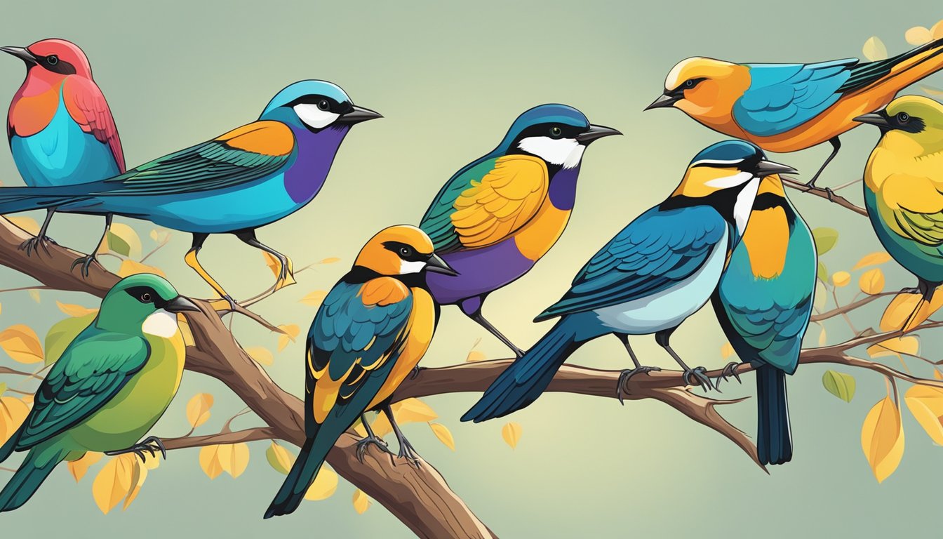 A flock of colorful birds perched on branches, each with a watchful eye.</p><p>A few birds take flight, while others remain still