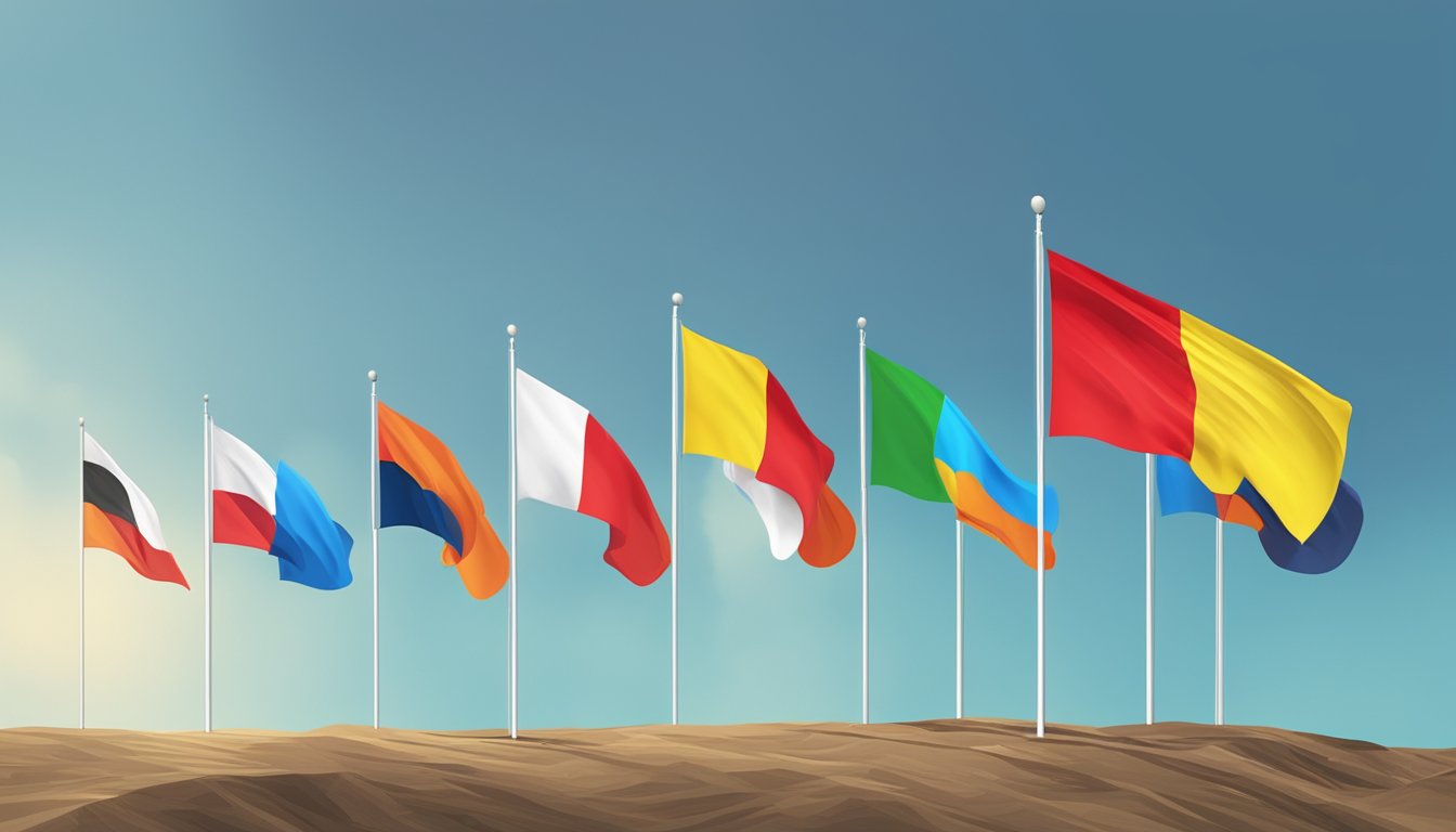 Seven colorful flags waving in the wind, each representing one of the best alternatives to GeoRanker.</p><p>The flags are planted firmly in the ground, with a clear blue sky in the background