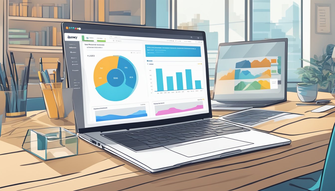 A laptop displaying the Amazon Seller Central homepage with a list of the 8 best alternatives to Sellbery.</p><p>Graphs and charts show performance metrics