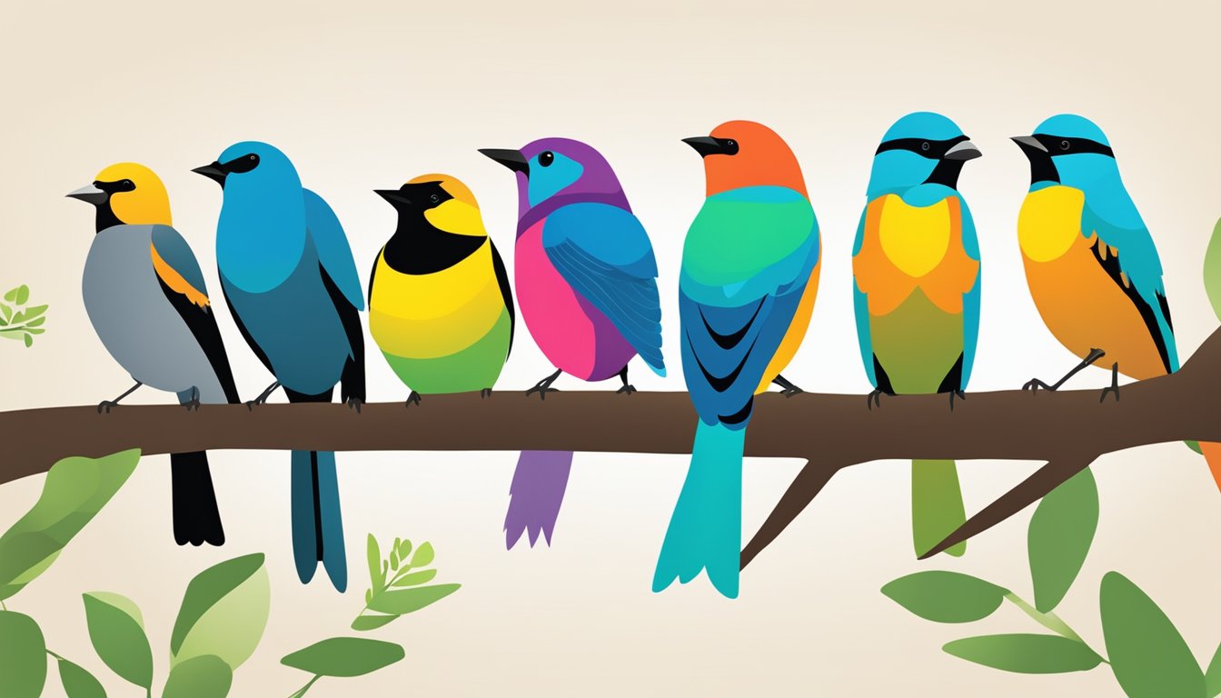 A lineup of 8 colorful bird silhouettes perched on tree branches, with ReviewTrackers logo in the background