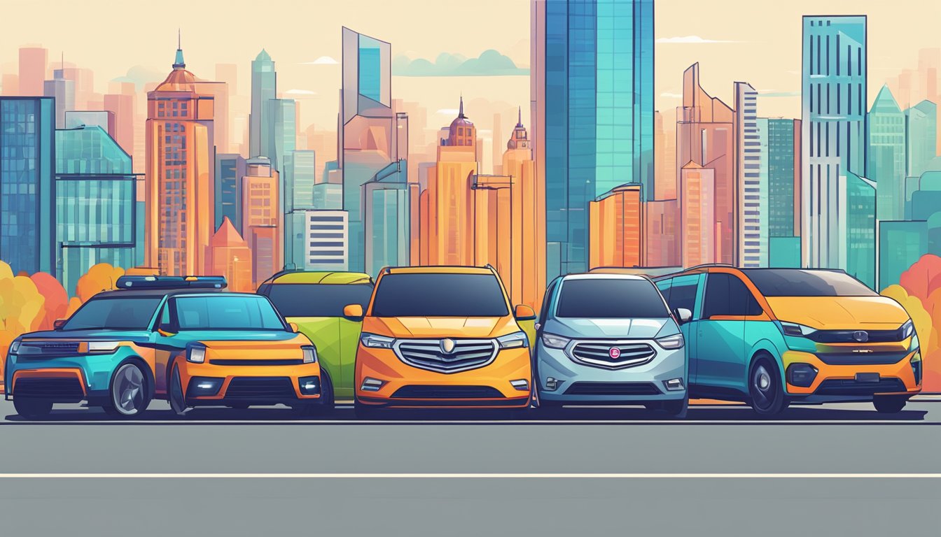 A row of colorful vehicles lined up in front of a modern cityscape, each displaying a unique logo representing an alternative to Uberall