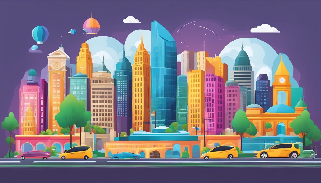 A vibrant cityscape with 7 distinct landmarks, each representing an alternative to Uberall.</p><p>Bright, eye-catching signs and logos adorn the buildings, showcasing the diversity of options available