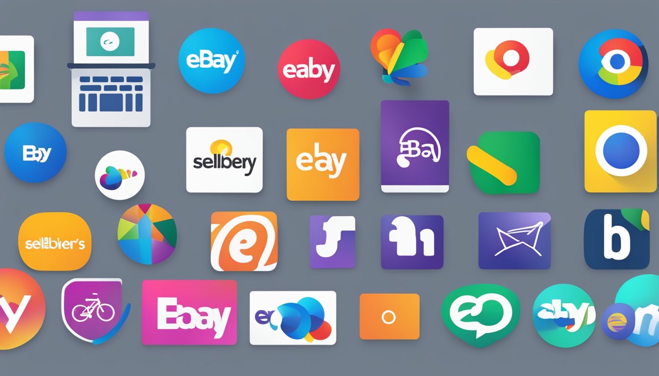 A colorful array of online marketplace logos, including eBay and the 8 best alternatives, displayed on a computer screen with Sellbery's logo prominent