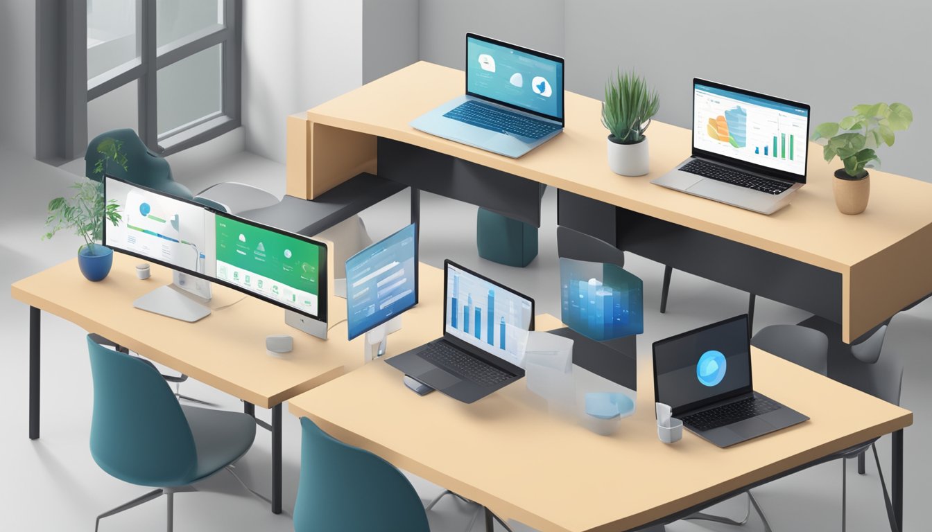 A table with six different software logos displayed, including AMZScout and Helium 10, with comparison charts and features listed next to each logo