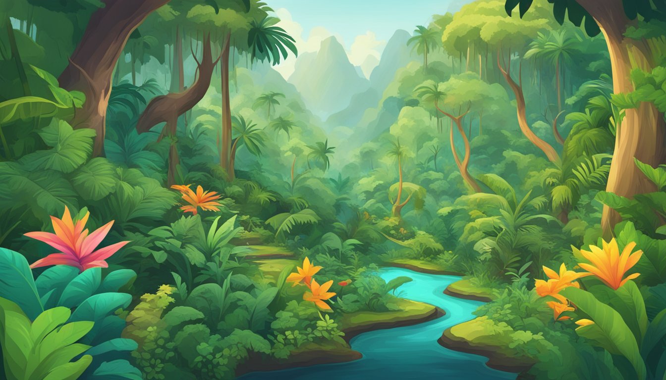 A lush jungle with 7 different paths leading to unique discoveries, surrounded by vibrant flora and fauna, showcasing the diverse alternatives to Jungle Scout