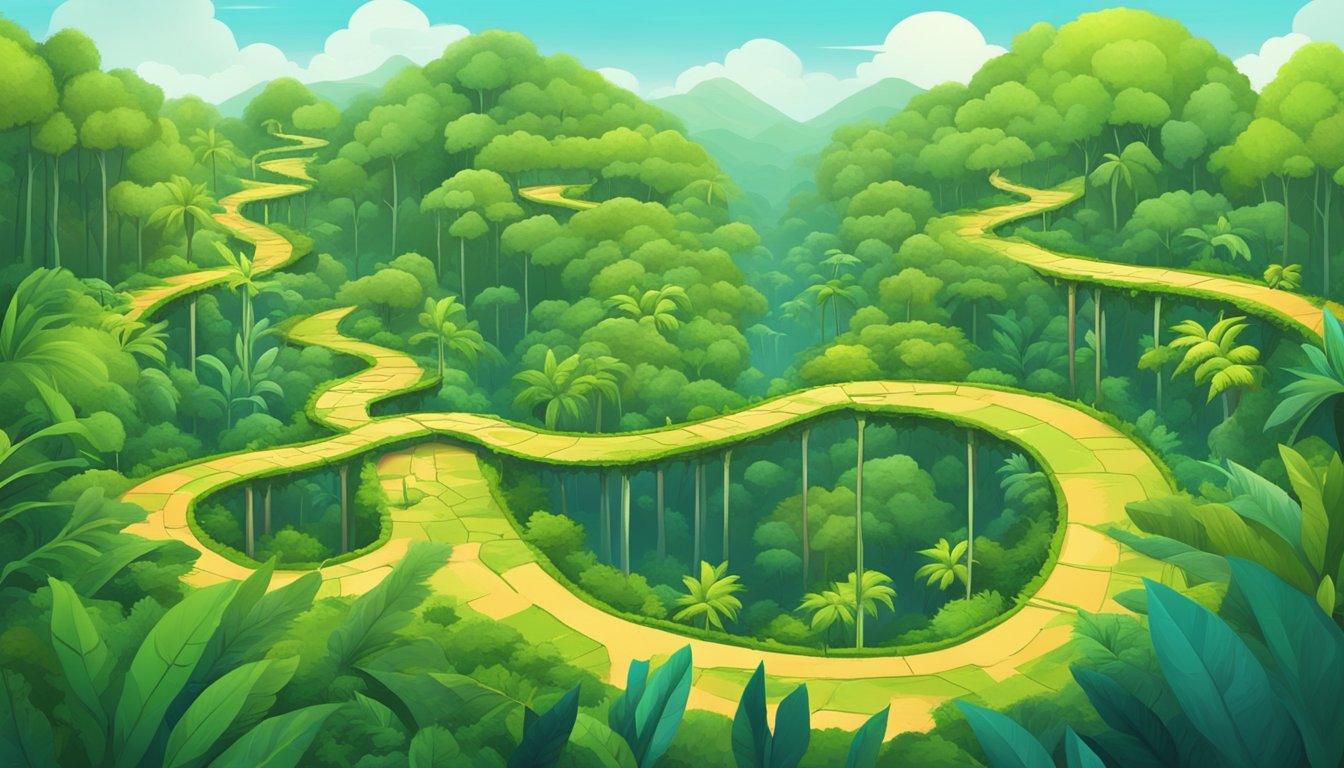 A vibrant jungle with seven distinct paths leading to various opportunities, each marked with a unique symbol representing an alternative to Jungle Scout