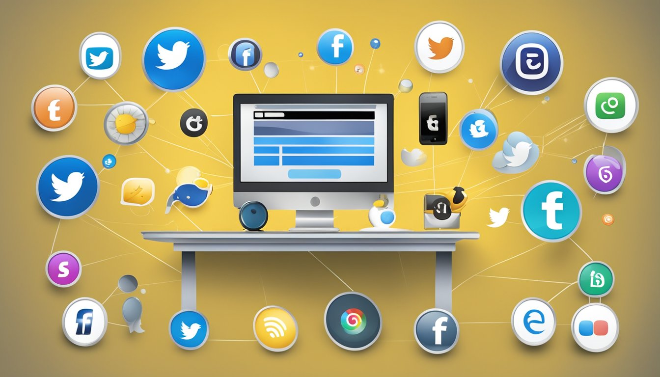 A table with 7 different social media icons (e.g. Twitter, Facebook, Instagram) and the word "SocialBee" displayed prominently