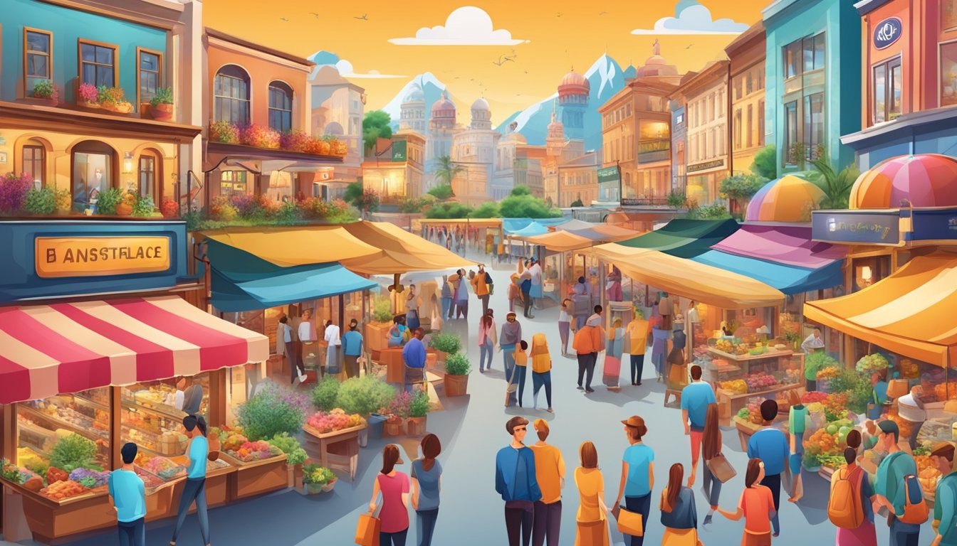 A vibrant marketplace with 8 unique and exciting options, each represented by a distinct symbol or logo, surrounded by happy customers and bustling activity