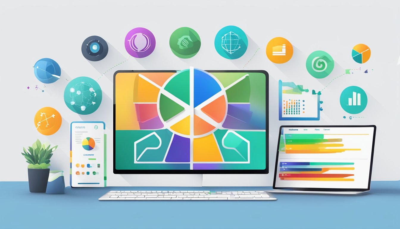 Colorful logos of 5 alternative tools surround a central Supermetrics logo, all displayed on a computer screen with data feeds and charts in the background