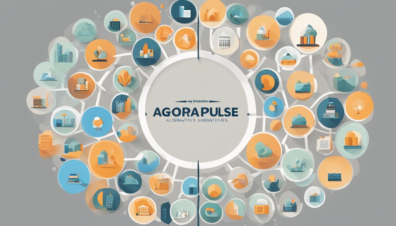 Agorapulse and 7 alternatives to Sendible arranged in a circular pattern, with Agorapulse in the center and the alternatives surrounding it