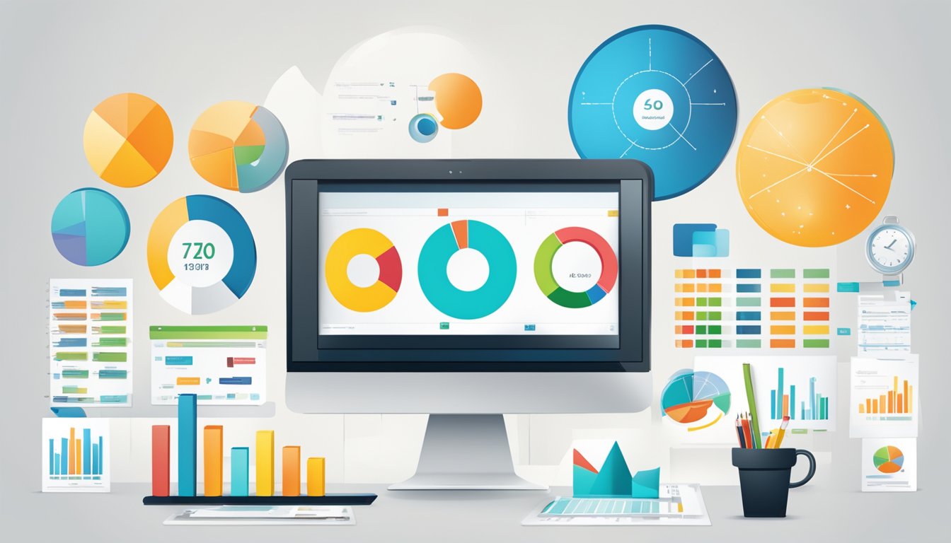 A table with 5 product logos displayed, surrounded by data charts and graphs