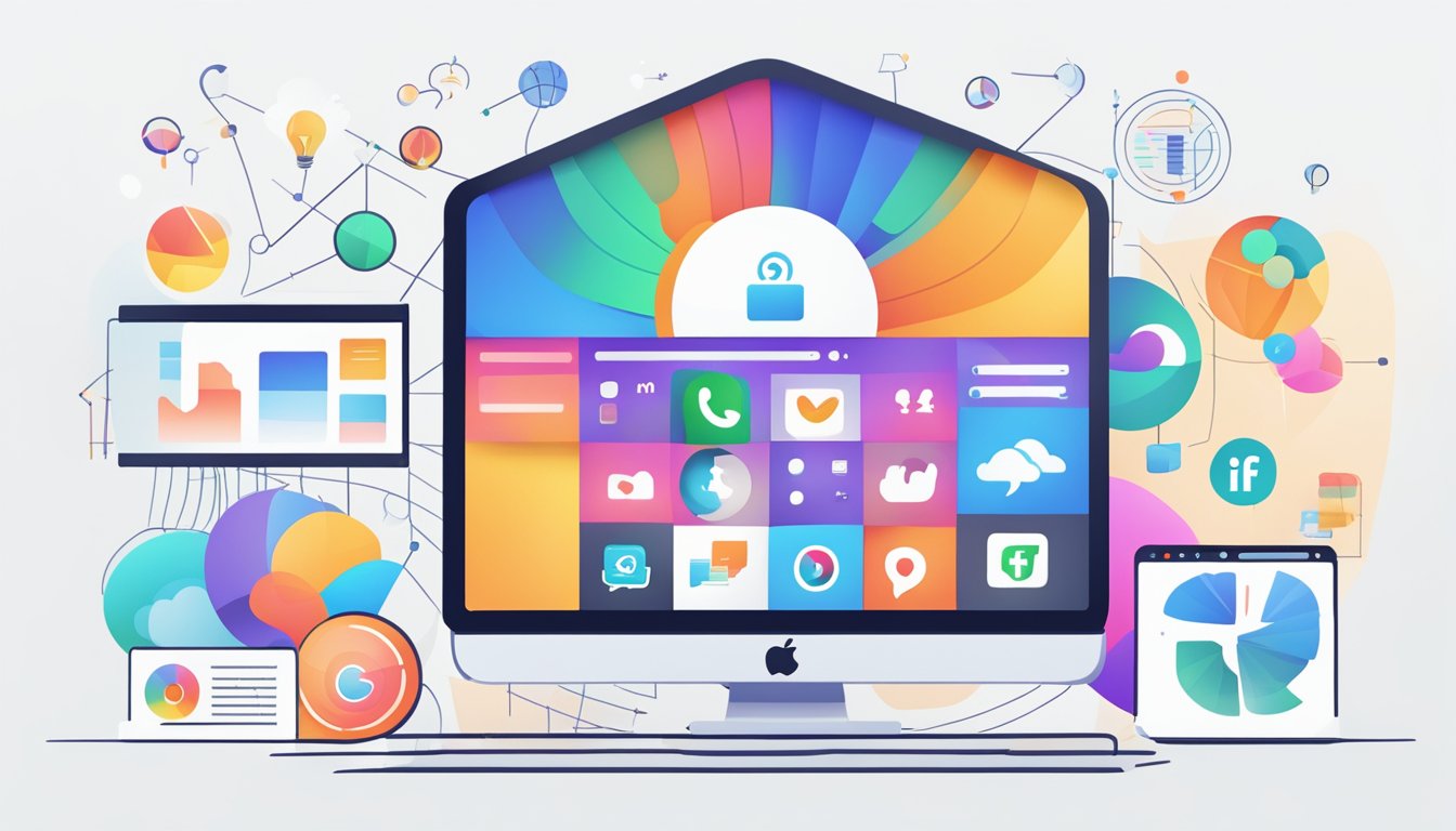 A vibrant computer screen displays 6 colorful icons of alternative social media management tools, surrounded by dynamic graphs and data visualizations