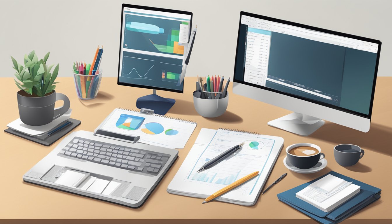 A desk with a computer displaying Metricool and six alternative tools.</p><p>A notepad and pen sit next to the computer.</p><p>A cup of coffee is nearby