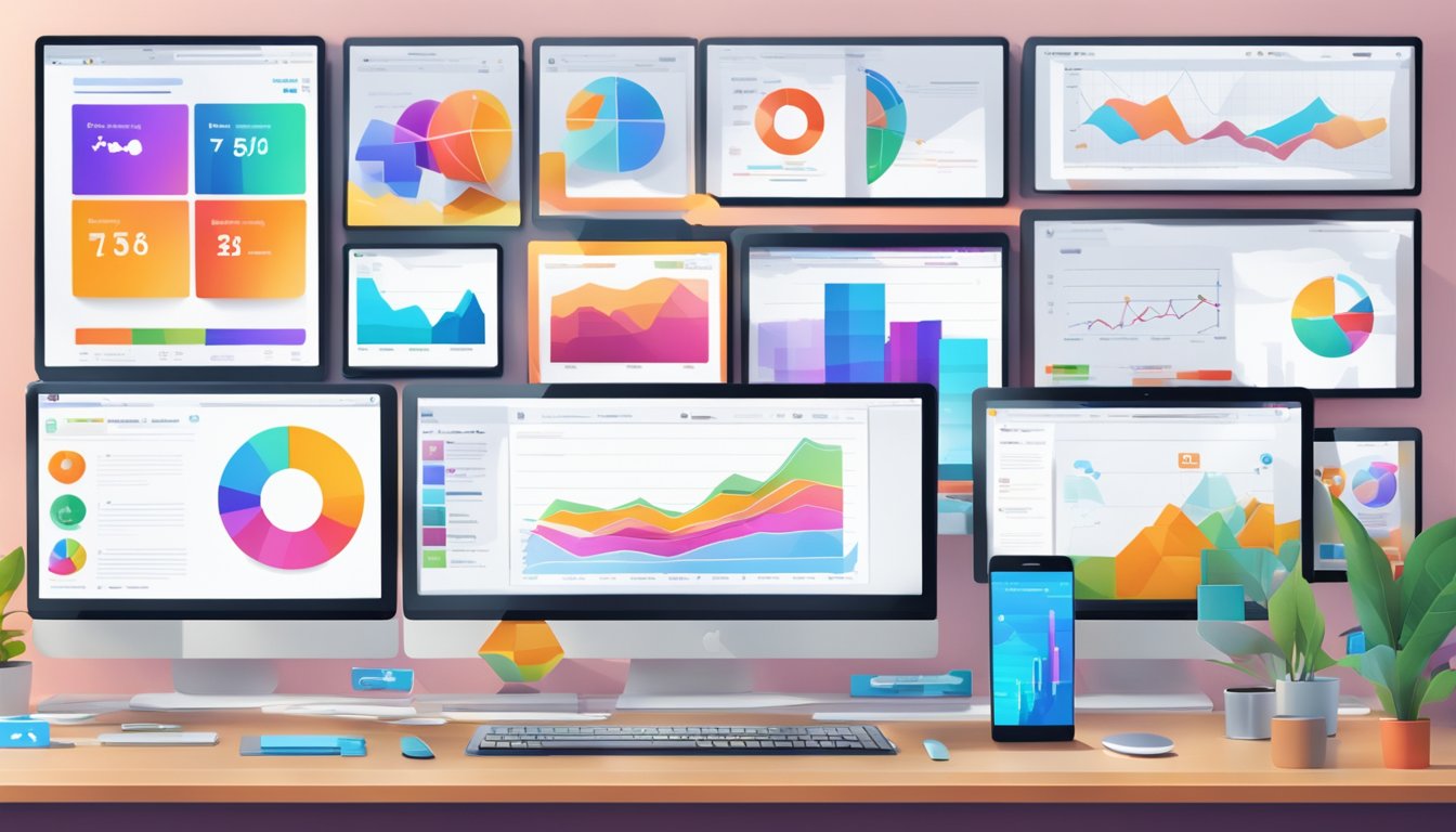 A colorful array of computer screens displaying various social media analytics tools, with vibrant charts and graphs, surrounded by sleek and modern office decor