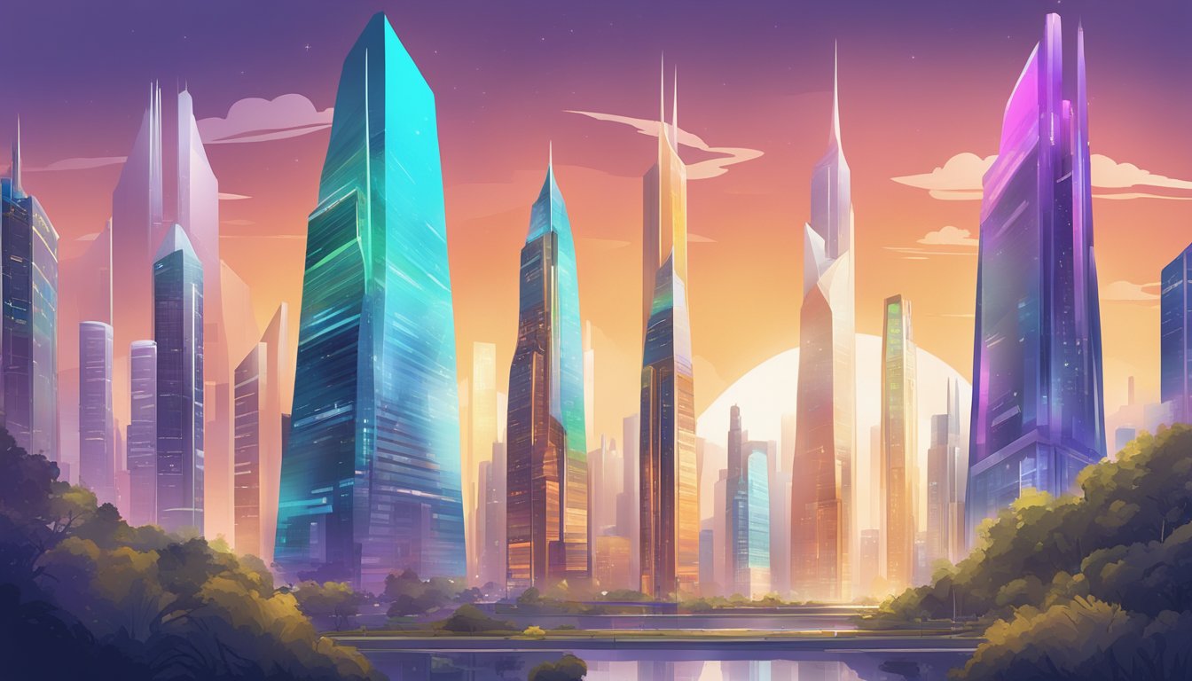 A vibrant, futuristic cityscape with six towering structures representing the top alternatives to Sales Layer, each building adorned with the name of a different alternative