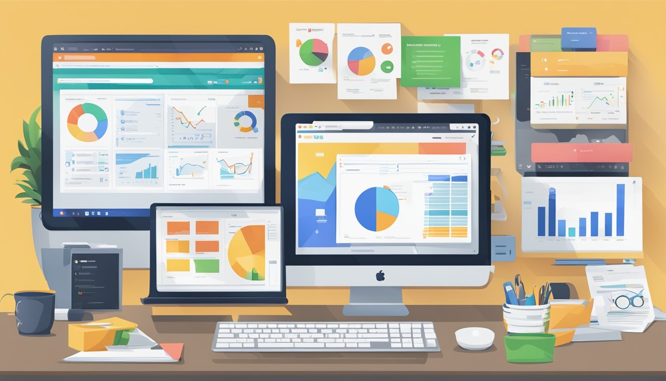 A desk with a computer displaying SEO PowerSuite surrounded by 6 alternative software packages