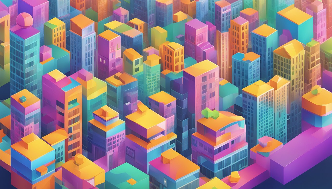 A vibrant social media landscape with 5 colorful, interconnected platforms, towering over a cityscape