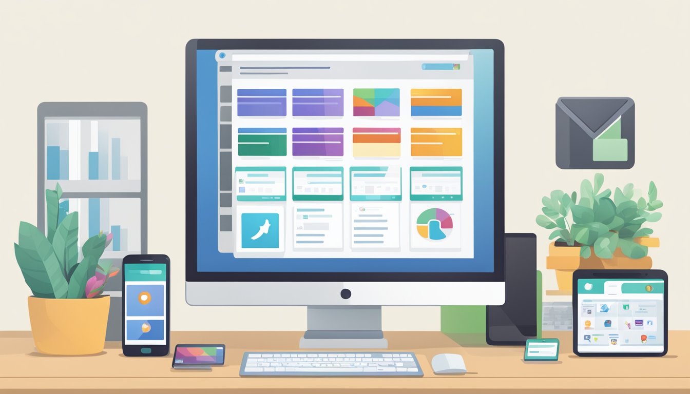 A desk with a computer, smartphone, and tablet displaying various social media platforms.</p><p>A calendar, analytics report, and scheduling tool are visible on the screen