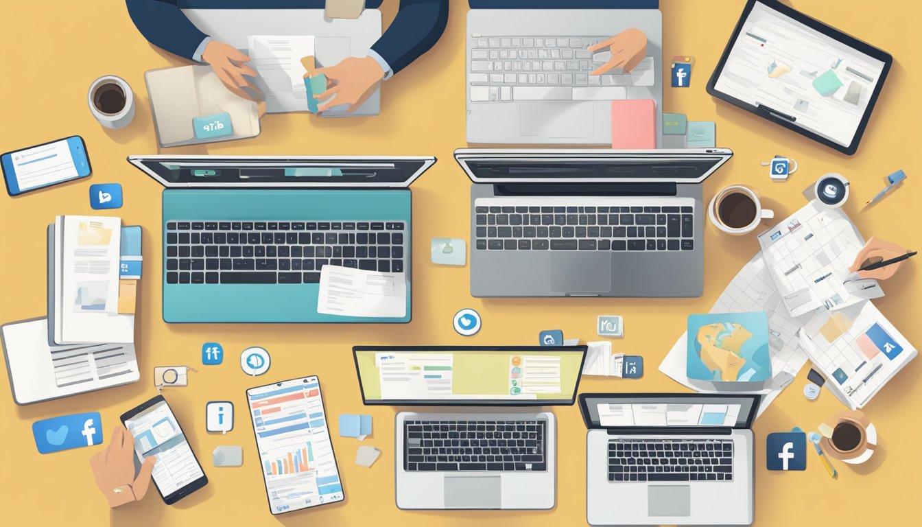 A table with various social media management tools laid out, each labeled with their names.</p><p>A person's hand hovers over the options, pondering which one to choose