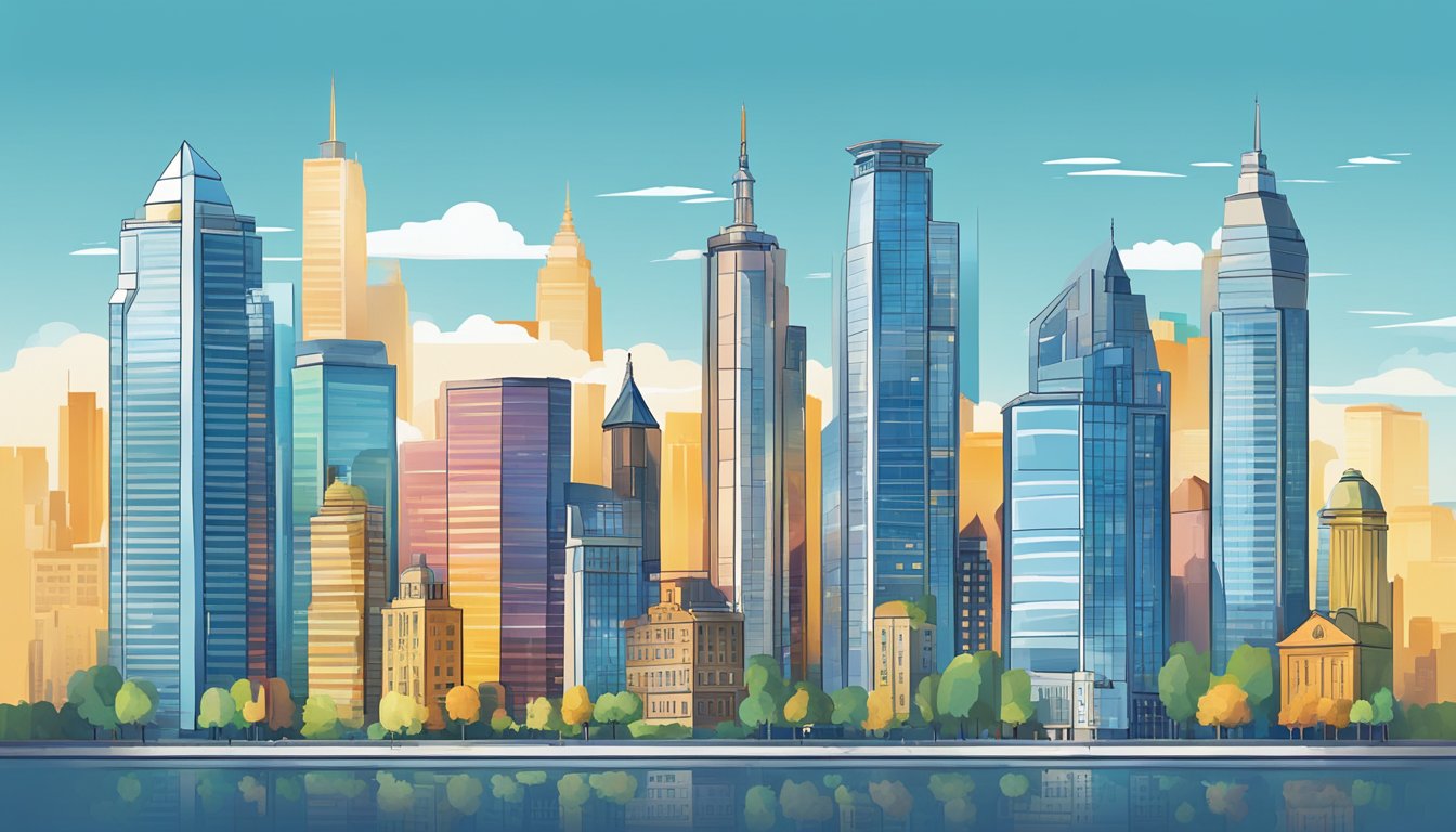 A vibrant city skyline with six distinct buildings representing the "Awesome Alternatives to Agorapulse." Each building is unique in design and color, standing tall and proud against a clear blue sky