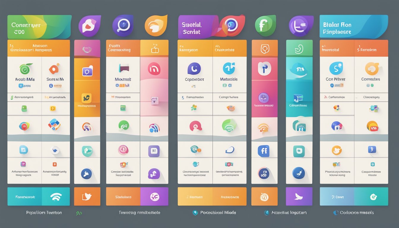 A vibrant social media management tool comparison chart with logos and key features displayed