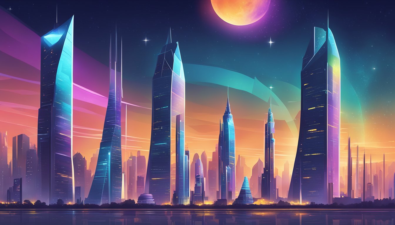 A vibrant, futuristic cityscape with six towering structures, each representing an alternative to Agorapulse, shining brightly against the night sky