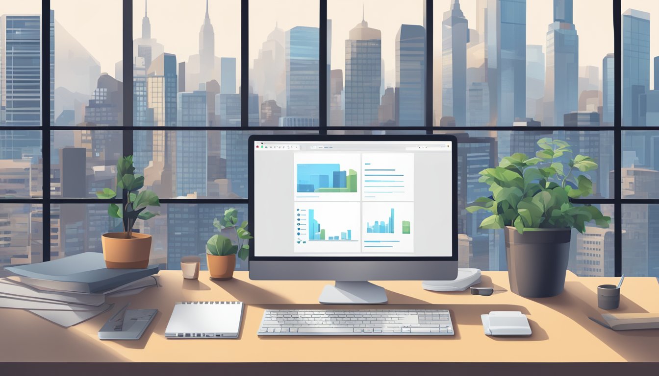 A desk with a computer, notebook, and pen.</p><p>A window with city skyline in the background.</p><p>Ubersuggest and 7 alternative tools listed on the screen