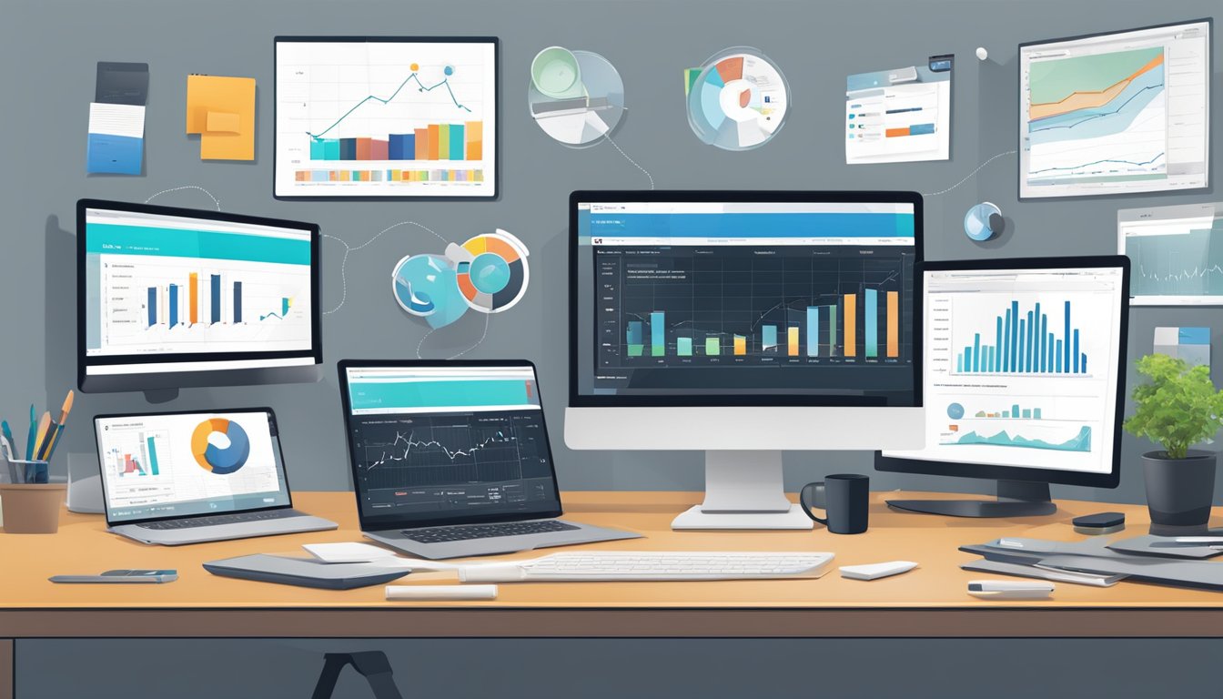 A desk with a computer displaying various alternative marketing tools to Raven Tools.</p><p>Charts and graphs show comparison data