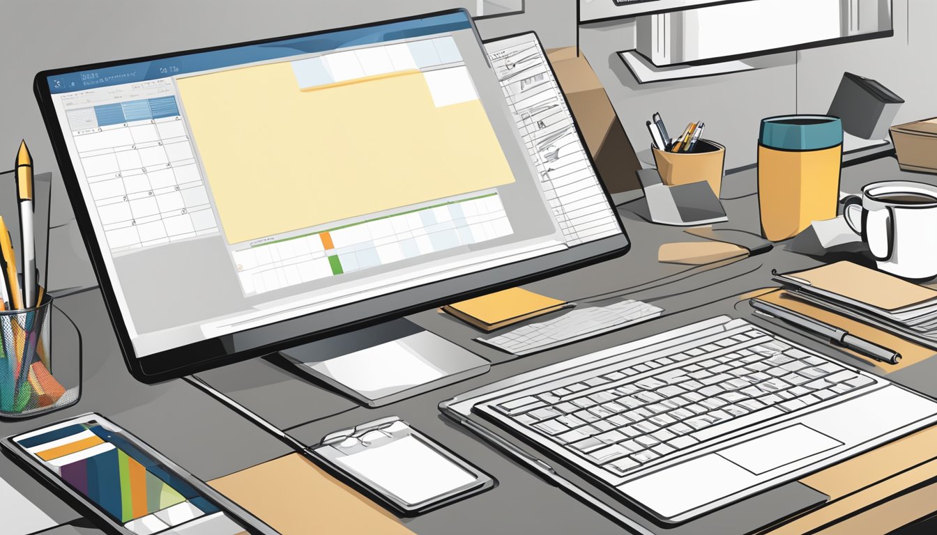 A desk with a computer, notebook, and pen.</p><p>A calendar or scheduling tool displayed on the computer screen.</p><p>The 5 best alternatives to Later listed on a separate document