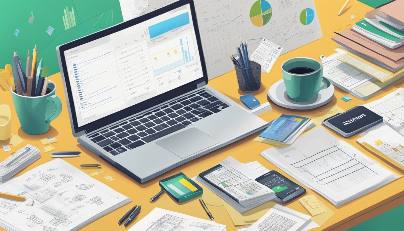 A desk with a computer showing a comparison chart of "7 Best Alternatives to SocialPilot" surrounded by scattered notes and pens