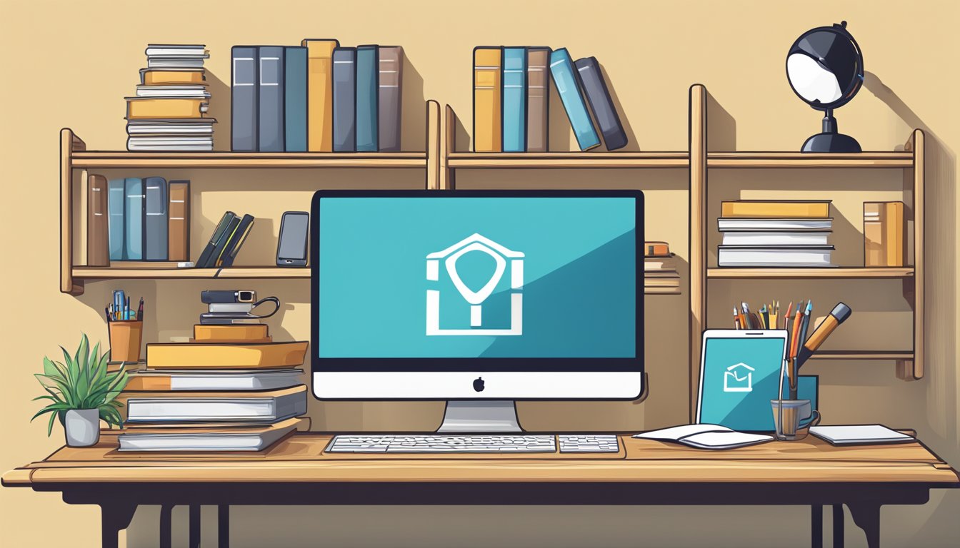 A desk with a computer, phone, and notepad.</p><p>A bookshelf filled with resources.</p><p>A friendly support team logo displayed prominently