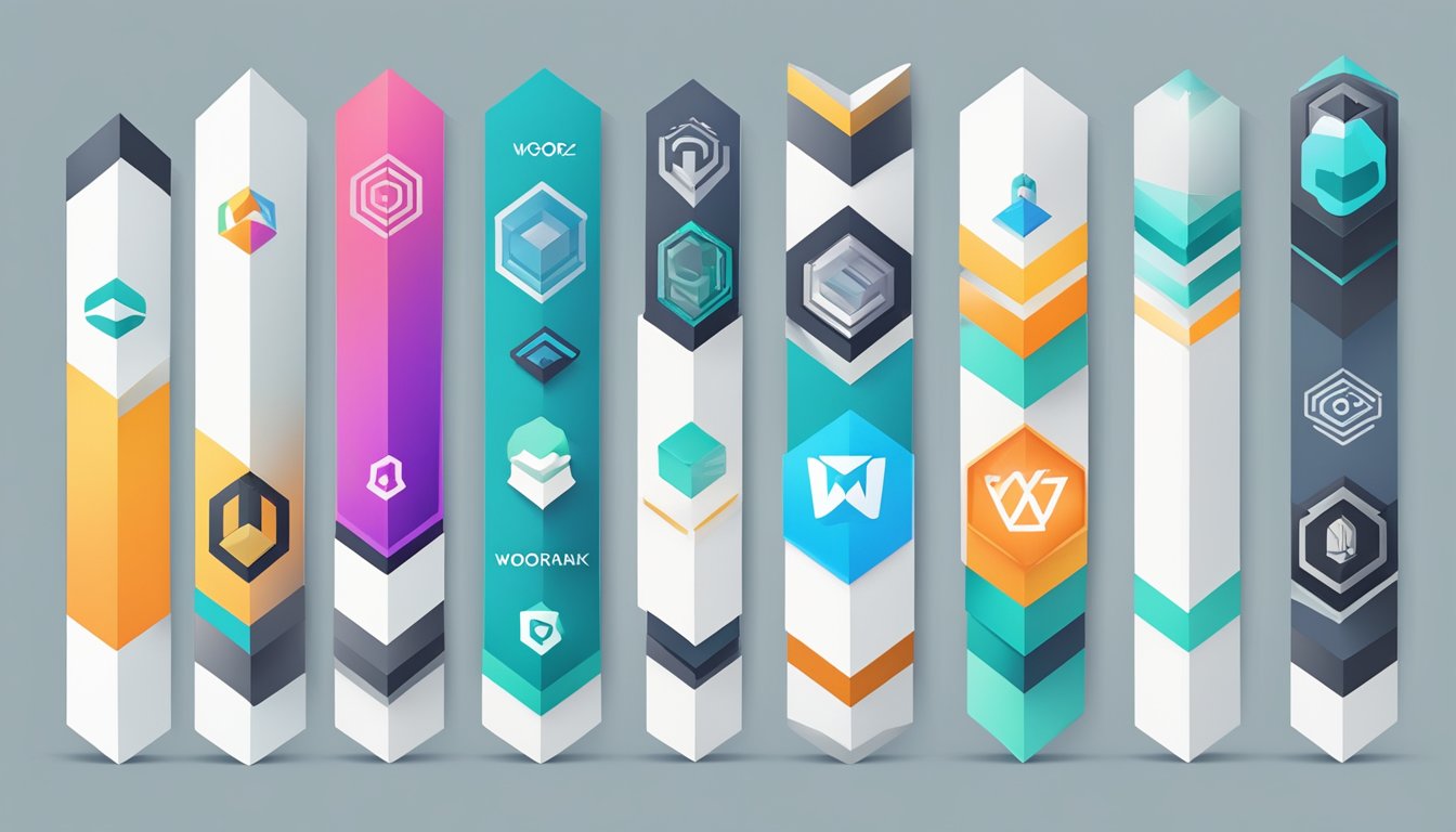 A lineup of six colorful and bold logo designs for Moz Pro and its top alternatives, including Woorank, arranged in a row with clear labels