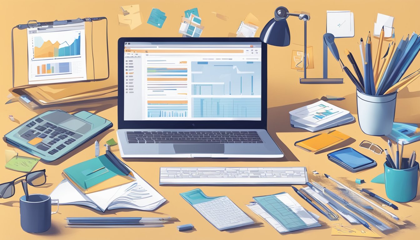 A table with a laptop displaying Ahrefs and 8 alternative tools.</p><p>Various office supplies scattered around.</p><p>Bright, natural lighting