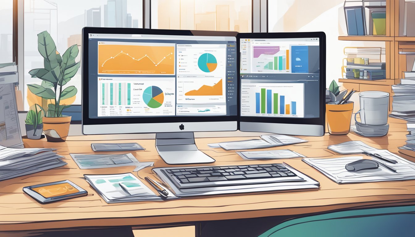 A desk with a computer displaying various SEO tools, including Ahrefs, surrounded by comparison charts and notes