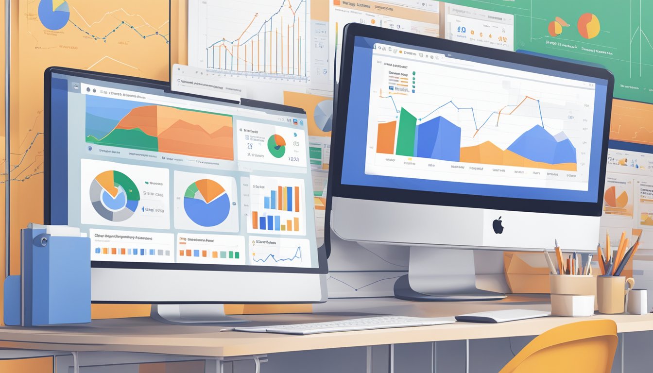 A computer screen displaying Ahrefs and Google Trends side by side, with charts and graphs comparing their features