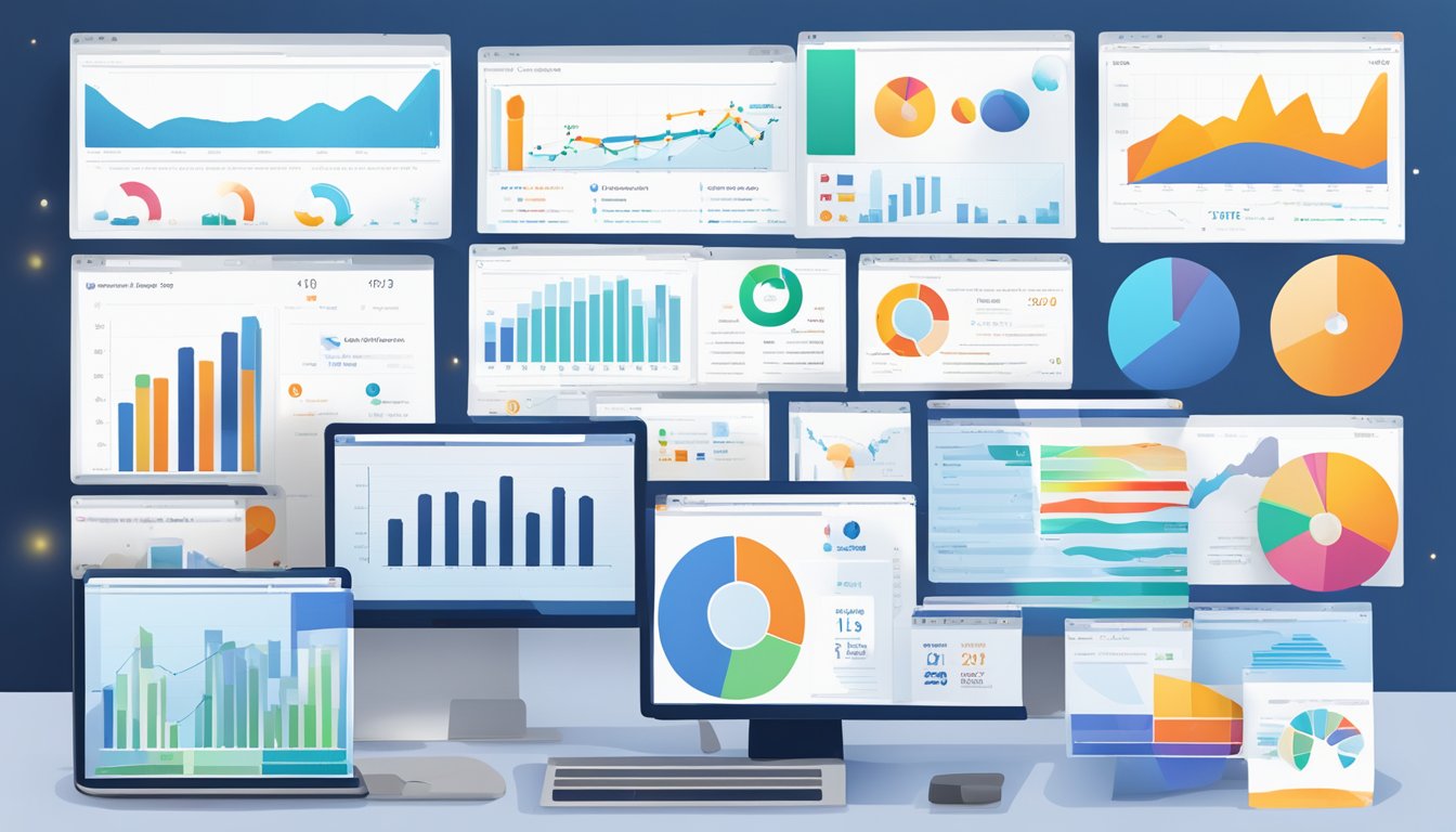 Colorful graphs and charts displayed on computer screens, with data comparing Ahrefs to Similarweb.</p><p>Multiple tabs open, showing detailed analytics and statistics