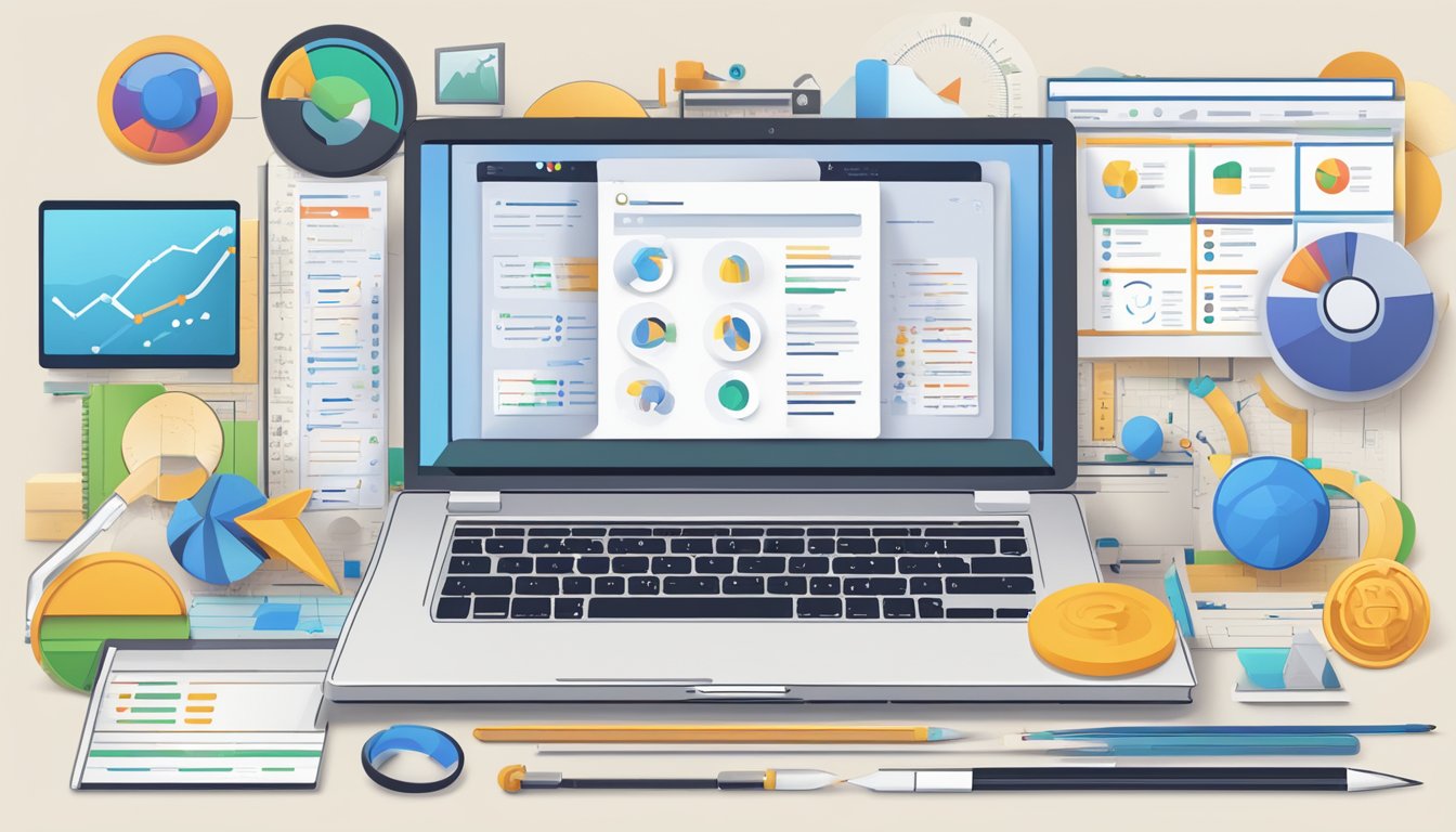 A laptop displaying a list of alternative tools to MozBar, surrounded by various browser icons and analytics graphs