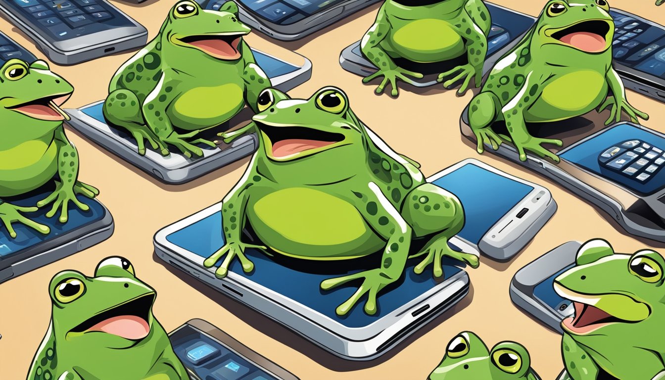 A frog screaming while surrounded by 8 alternative mobile phones