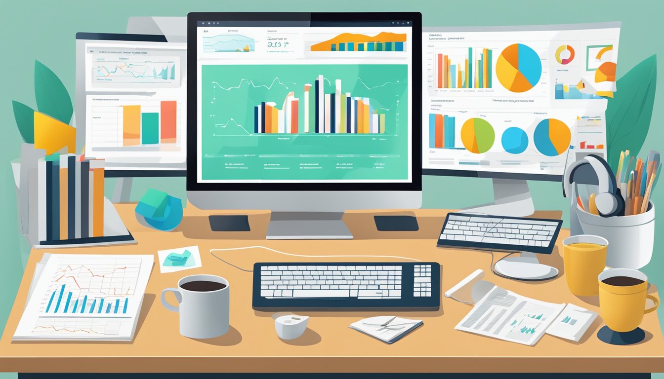 A desk with a computer displaying a list of competitor analysis tools, surrounded by charts, graphs, and data reports