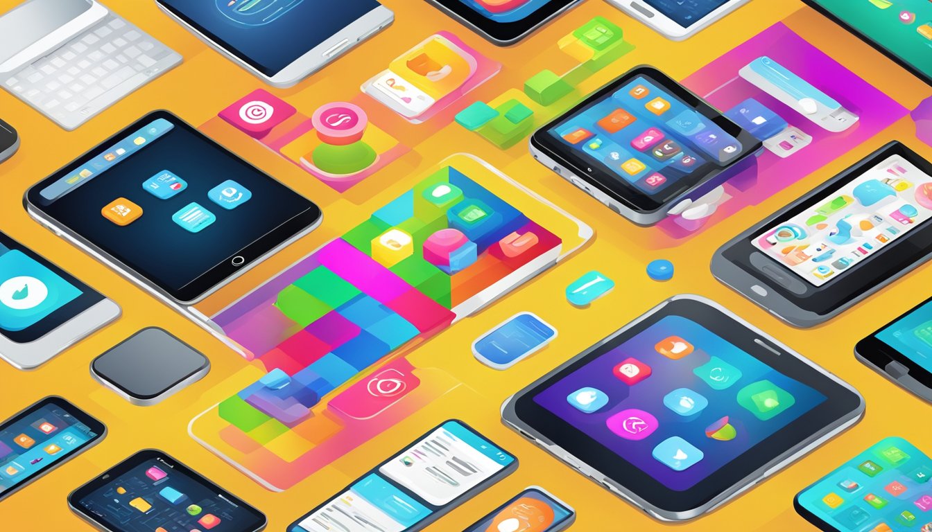 A colorful array of mobile devices, including smartphones and tablets, surrounded by vibrant app icons and digital marketing graphics