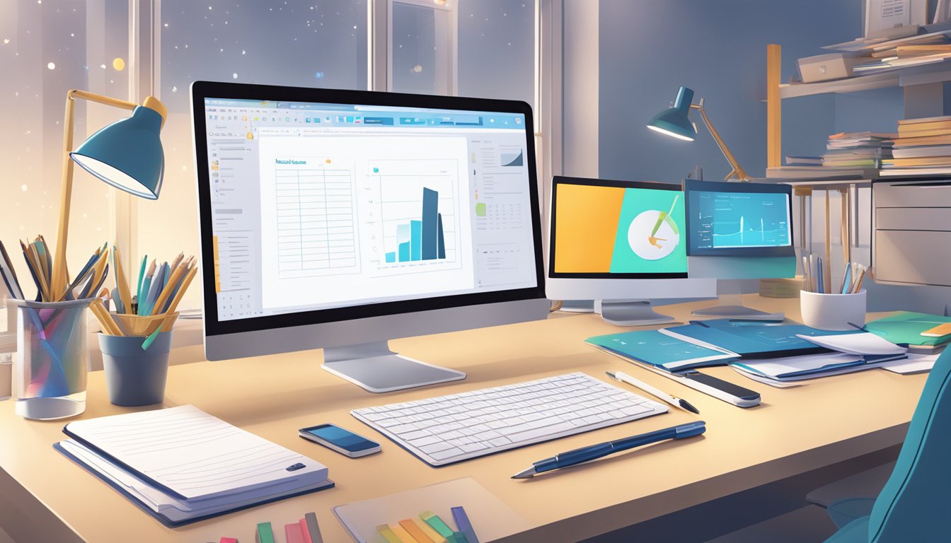 A desk with a computer showing MarketMuse, surrounded by writing tools and a notebook.</p><p>Bright light illuminates the workspace